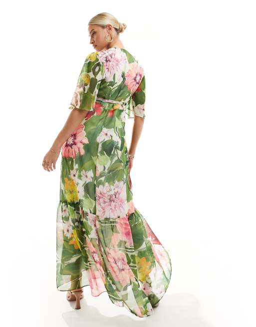 Hope & Ivy Maternity - Vestito lungo a portafoglio verde a fiori, 2 di 4