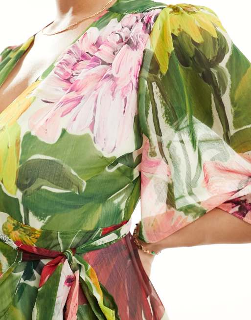 Hope & Ivy Maternity - Vestito lungo a portafoglio verde a fiori, 3 di 4