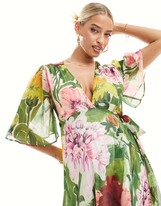 Hope & Ivy Maternity - Vestito lungo a portafoglio verde a fiori, 4 di 4