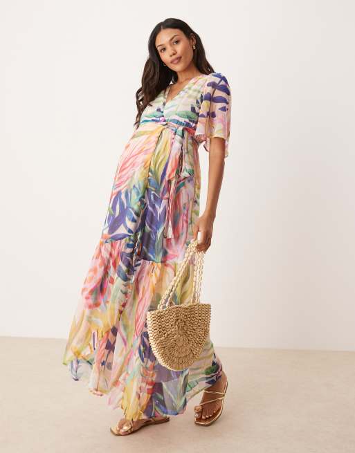 Hope & Ivy Maternity - Vestito lungo avvolgente con stampa a tema marino multicolore e manica con volant