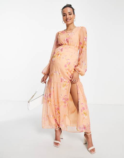 Hope Ivy Maternity Vestito lungo color pesca e ocra a fiori con maniche a palloncino e cut out