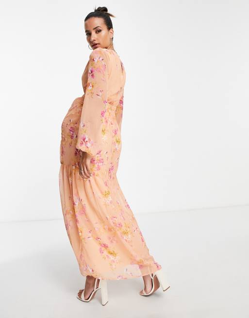 Hope Ivy Maternity Vestito lungo color pesca e ocra a fiori con maniche a palloncino e cut out
