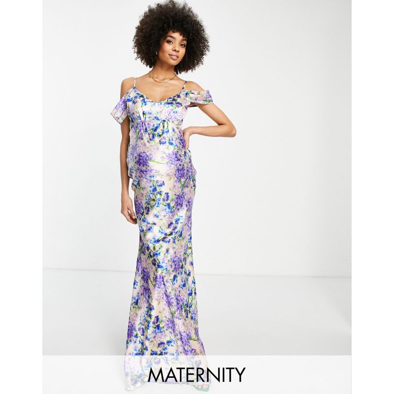 Donna Vestiti Hope & Ivy Maternity - Vestito lungo con spalle scoperte e stampa blu a fiori