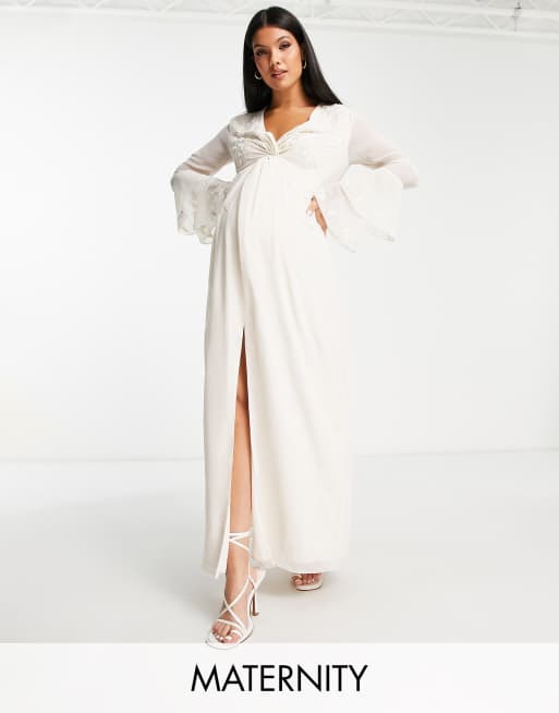 Hope & Ivy Maternity - Vestito lungo da sposa ricamato color avorio con maniche a balze