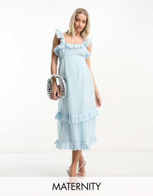 Hope & Ivy Maternity - Vestito midi blu uovo di pettirosso in plumetis a pois con volant