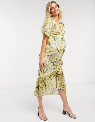 Vestito midi con maniche a palloncino e orlo asimmetrico, con stampa con margherite, colore giallo - Hope&Ivy Maternity  donna Giallo - immagine1