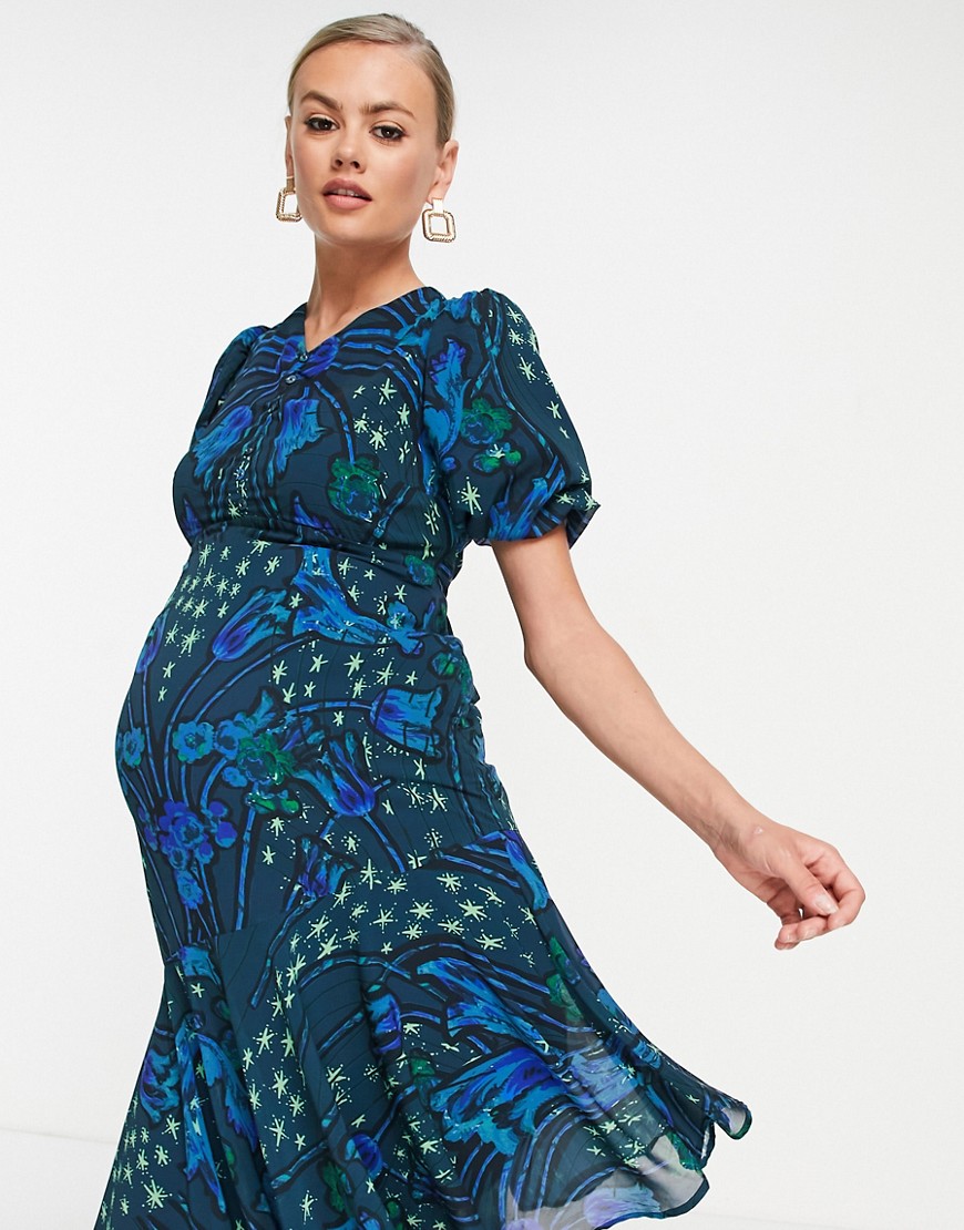 Vestito midi da giorno con maniche a sbuffo color cobalto con stampa a stelle-Blu - Hope&Ivy Maternity  donna Blu - immagine1