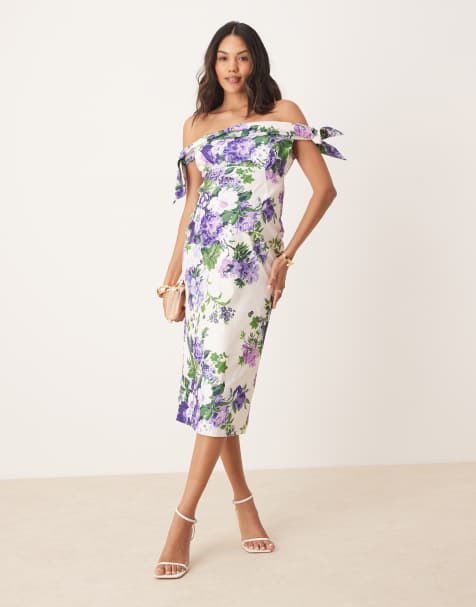 Hope & Ivy Maternity - Vestito midi longuette bianco e viola con scollo alla Bardot - view 1