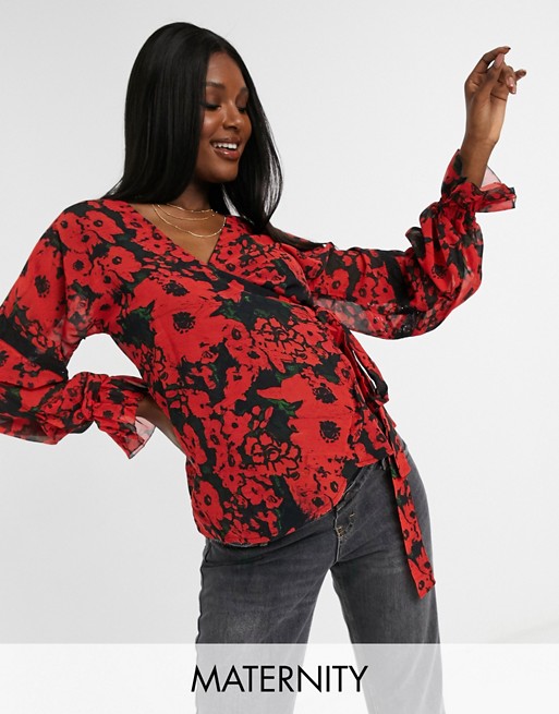Hope & Ivy Maternity victorian ruffle detail wrap blouse in vibrant poppy print