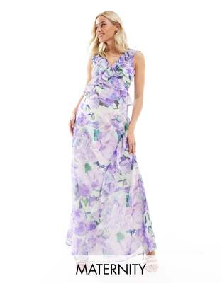 Hope & Ivy Maternity - Vorne gerafftes Maxi-Wickelkleid mit fliederfarbenem Blumenmuster, Umstandsmode-Lila