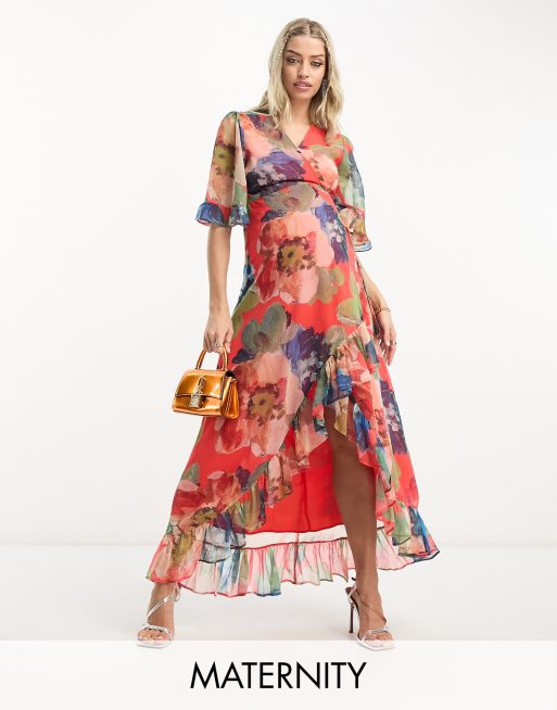 Hope & Ivy Maternity wrap floral midaxi linen dress in mixed floral