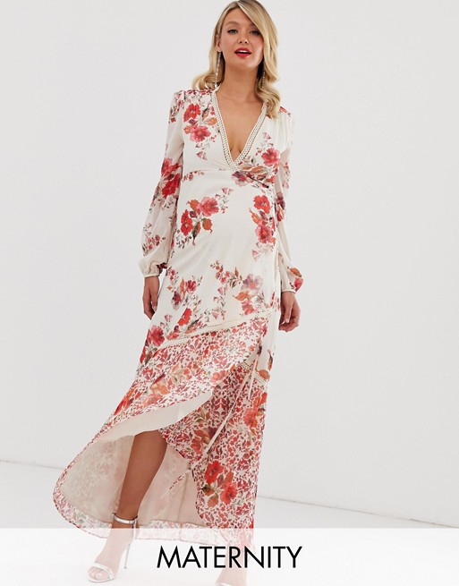 Hope & Ivy Maternity wrap from panel floral print maxi dress in red