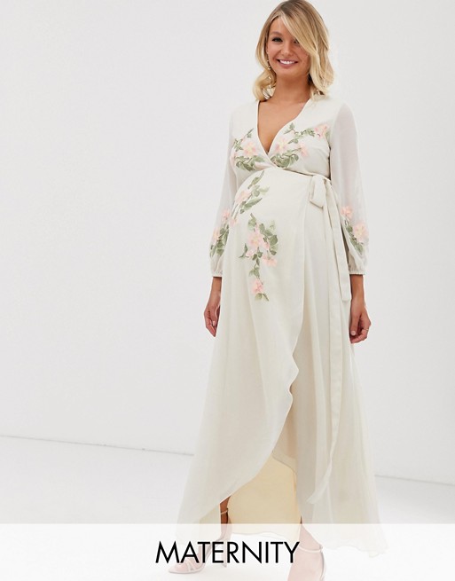 Hope & Ivy Maternity wrap front high low embroidered maxi dress in cream