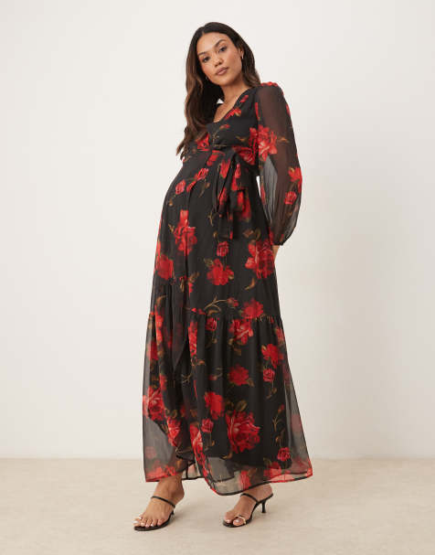 Hope & Ivy Maternity wrap front maxi dress in black and red floral - view 1