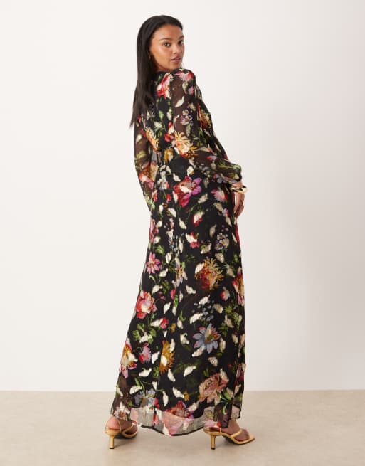 Hope & Ivy Maternity wrap front maxi dress in black floral with gold fleck, 2 of 4