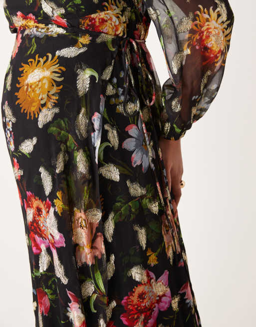 Hope & Ivy Maternity wrap front maxi dress in black floral with gold fleck, 4 of 4