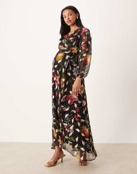 Hope & Ivy Maternity wrap front maxi dress in black floral with gold flecks - view 1