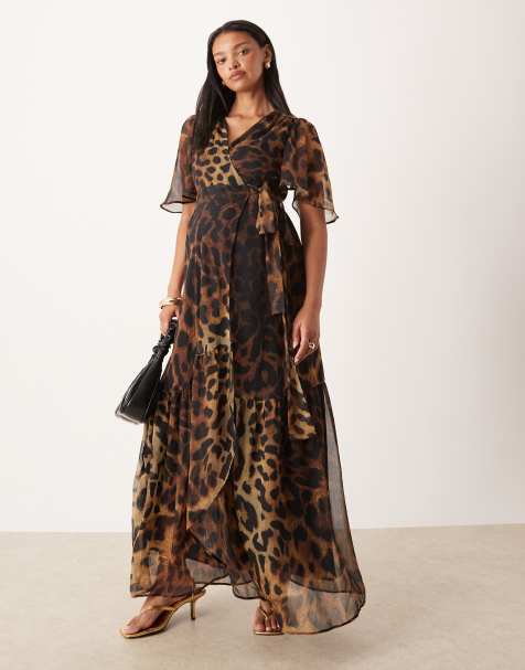 Hope & Ivy Maternity wrap front maxi dress in brown leopard print - view 1