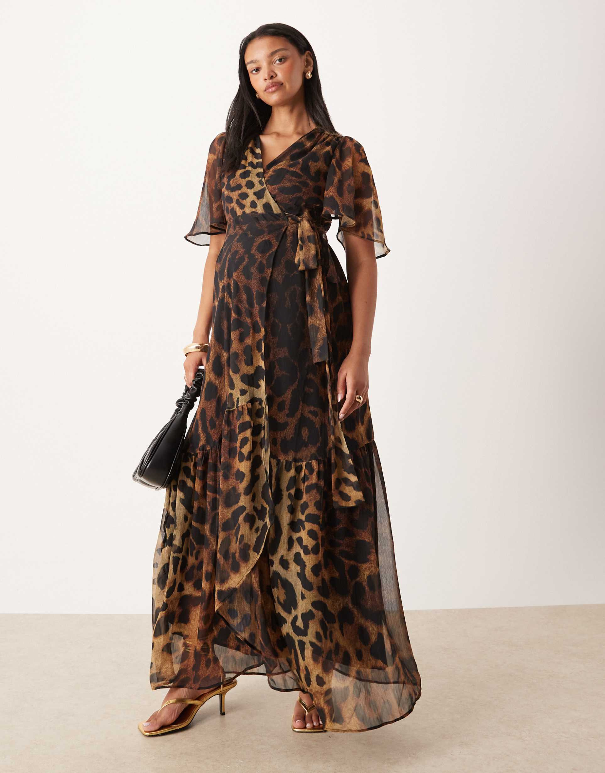 hope & ivy maternity wrap front maxi dress in brown leopard print