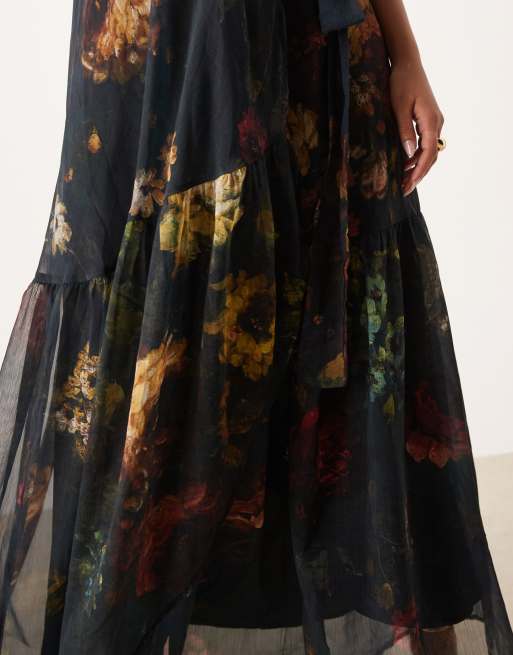 Hope & Ivy Maternity wrap front maxi dress in dark green floral, 2 of 4