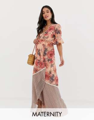 Hope & Ivy Maternity wrap front maxi dress with frill sleeve in contrast floral print-Multi