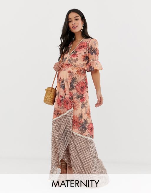 Contrast Print Maternity Wrap Dress