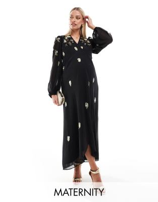 wrap front maxi dress with gold embellishment in black