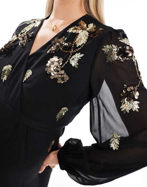 Hope & Ivy Maternity wrap front maxi dress with gold embellishment in black , 2 of 4