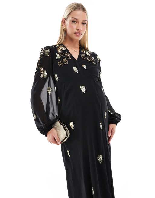 Hope & Ivy Maternity wrap front maxi dress with gold embellishment in black , 4 of 4