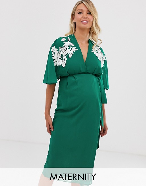 Hope & Ivy Maternity wrap front midi dress with thigh split and embellished shoulder in green