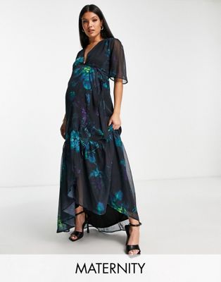 Hope & Ivy Maternity Wrap Maxi Dress In Blue Floral