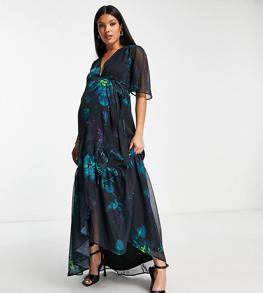 Hope & Ivy Maternity wrap maxi dress in blue floral