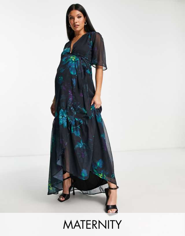 Hope & Ivy Maternity - wrap maxi dress in blue floral