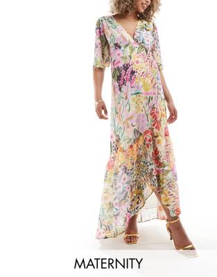 wrap maxi dress in bright floral print-Multi