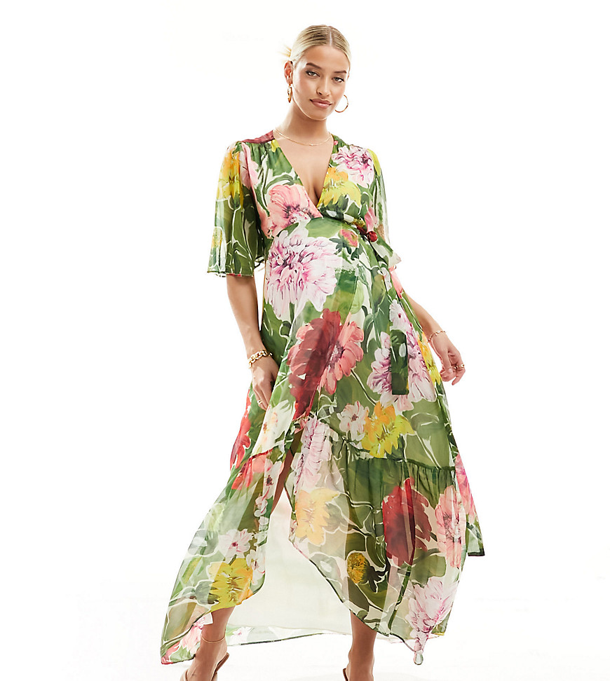 Hope & Ivy Maternity wrap maxi dress in green floral print