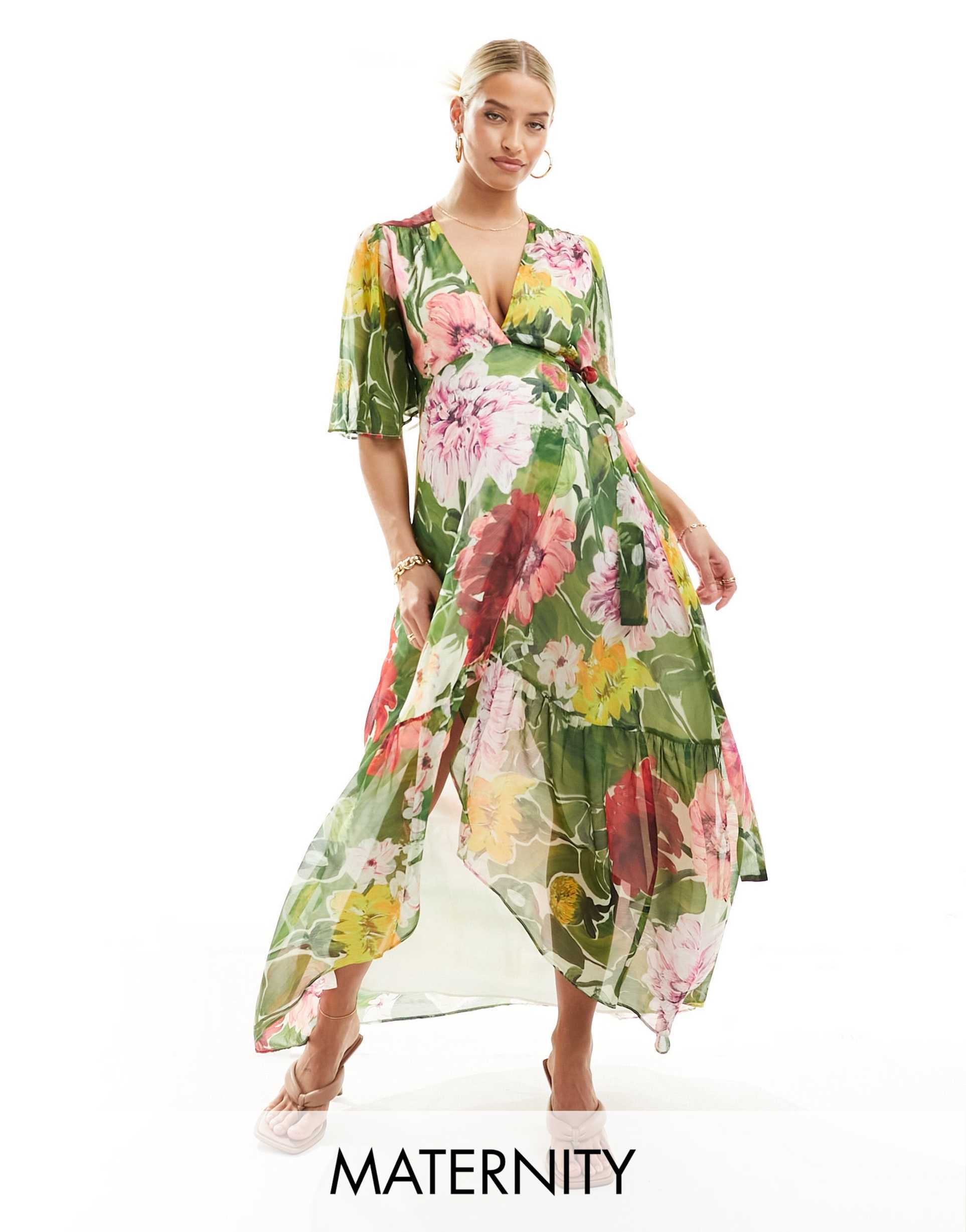 hope & ivy maternity wrap maxi dress in green floral print