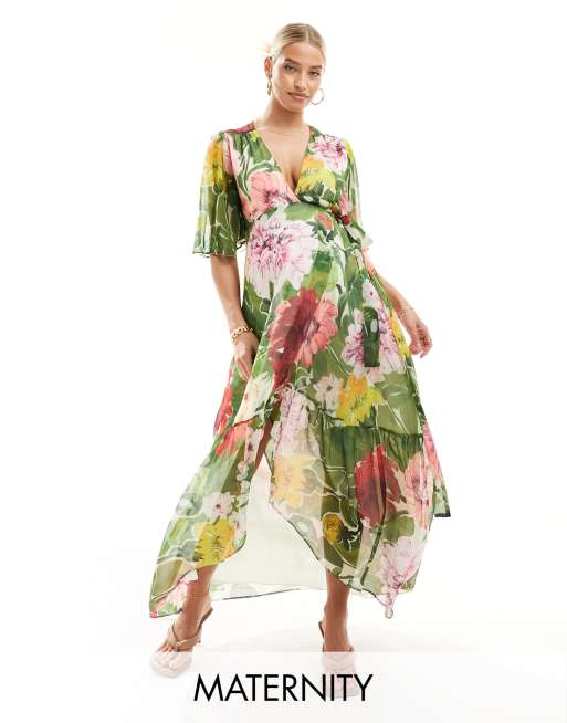 Hope Ivy Maternity wrap maxi dress in green floral print ASOS