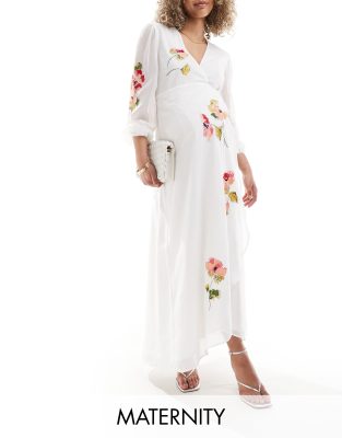 wrap maxi dress with floral embroidery in white