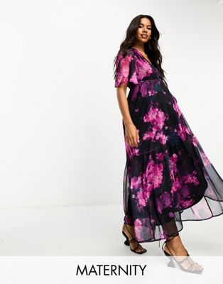 Hope & Ivy Maternity Wrap Maxi Dress With Flutter Sleeves In Purple Floral-multi
