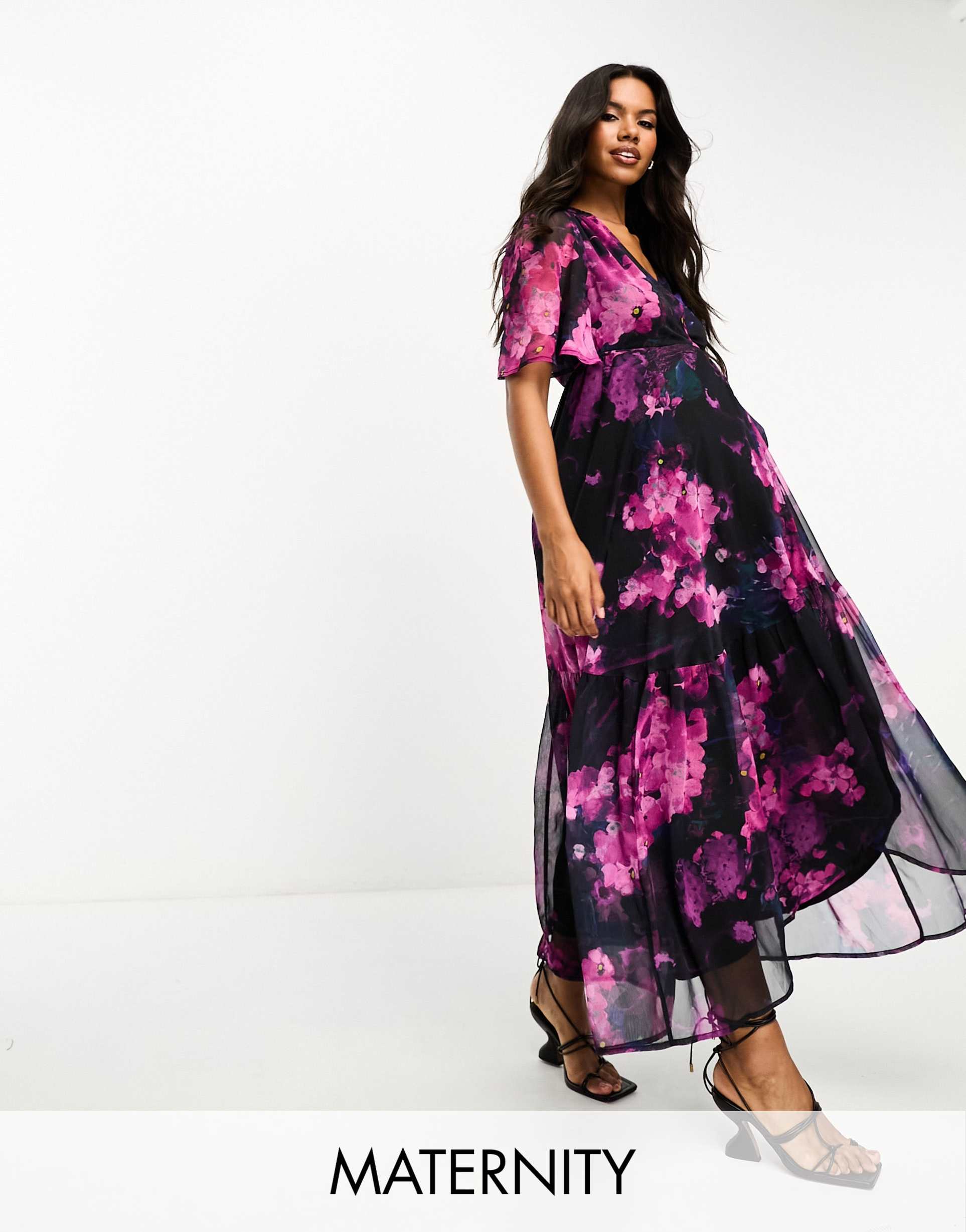 hope & ivy maternity wrap maxi dress with flutter sleeves in purple floral