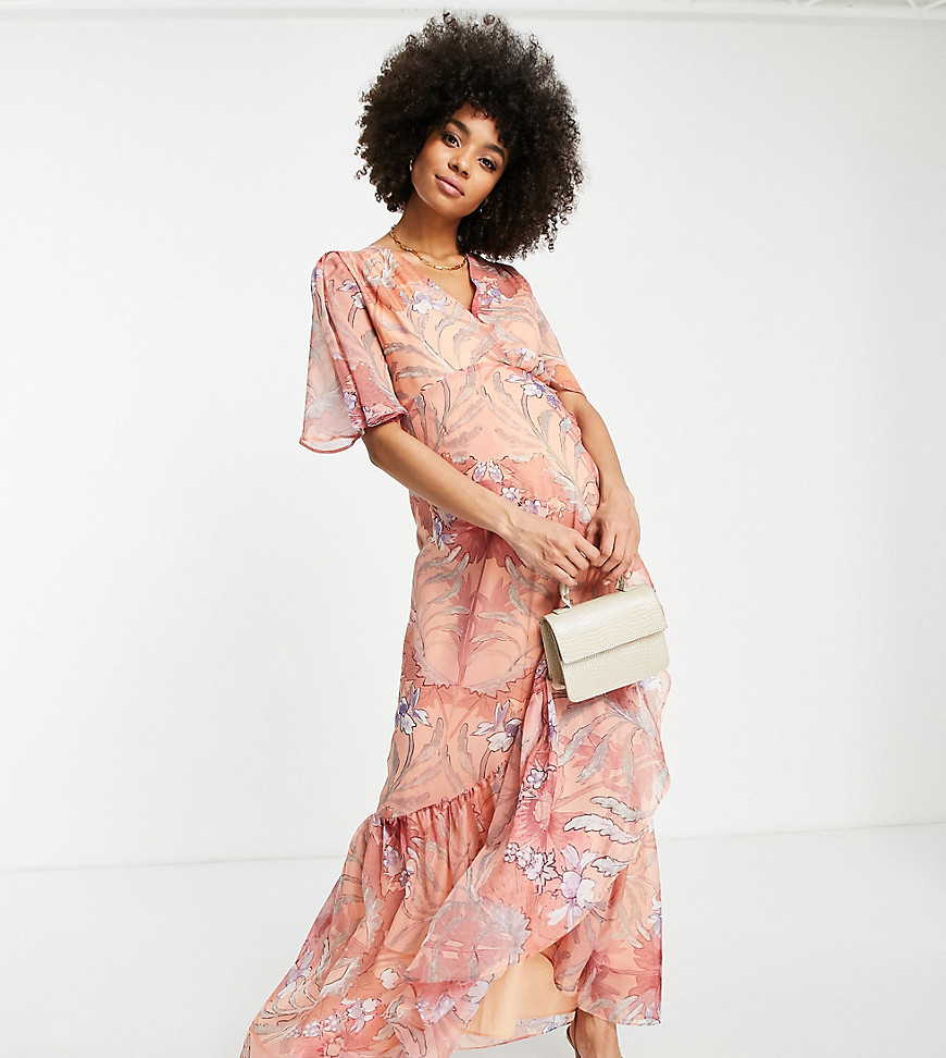 Hope & Ivy Maternity wrap maxi tea dress in coral floral-Green