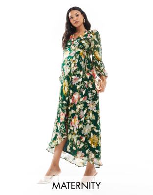 wrap midaxi dress in dark green floral with gold fleck-Multi