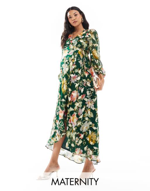 Hope Ivy Maternity wrap midaxi dress in dark green floral with gold fleck