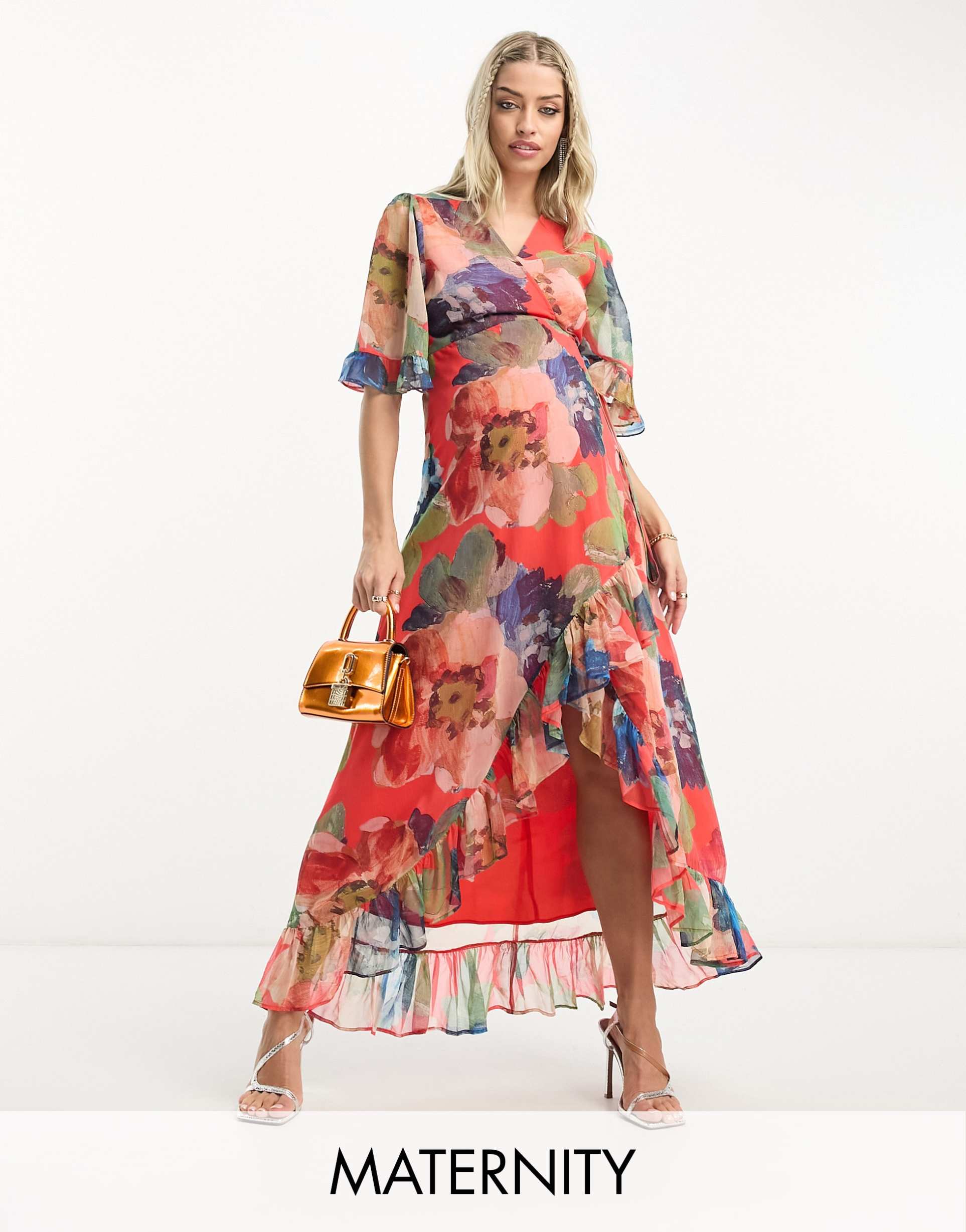 hope & ivy maternity wrap midaxi dress in mixed floral