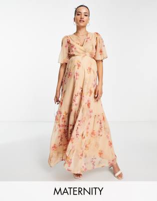 Hope & Ivy Maternity Hope & Ivy Maternity wrap tie maxi dress in fuchsia taupe floral-Pink