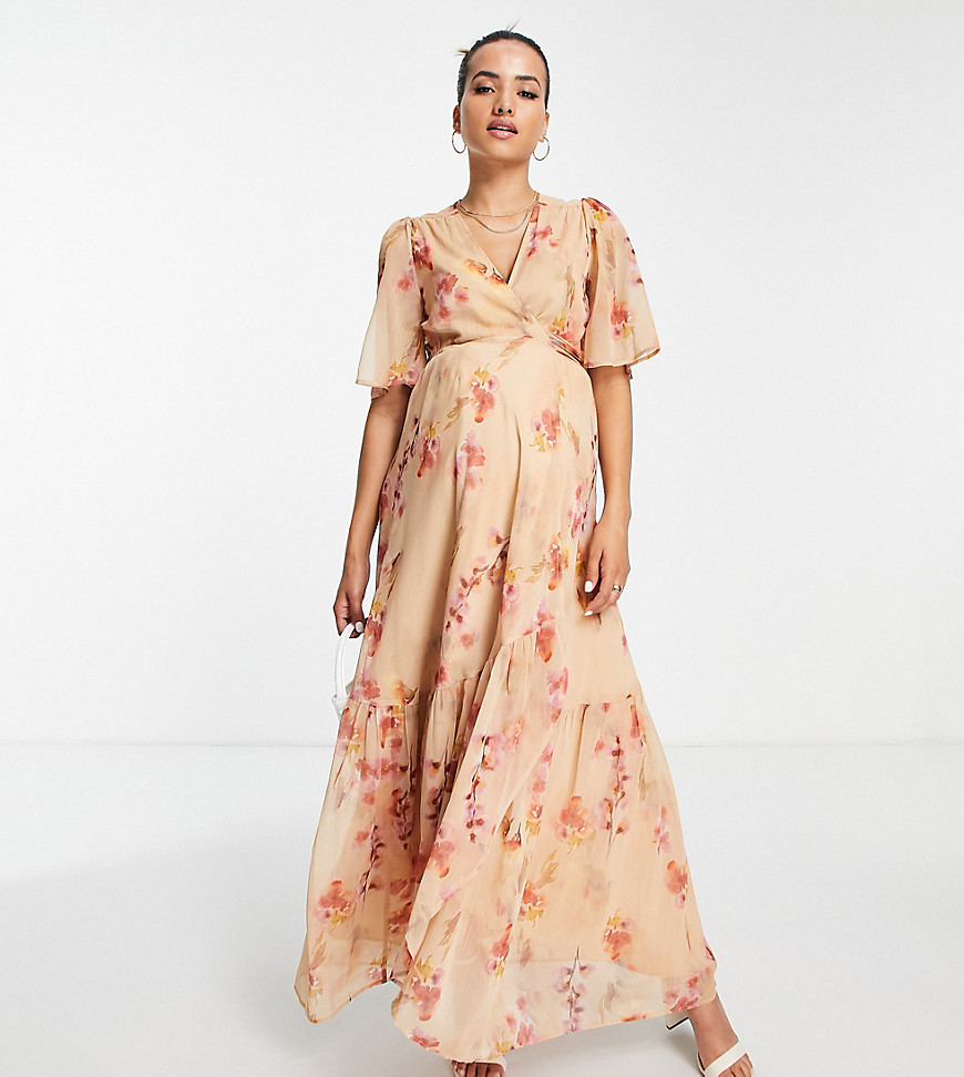 Hope & Ivy Maternity wrap tie maxi dress in fuchsia taupe floral-Pink