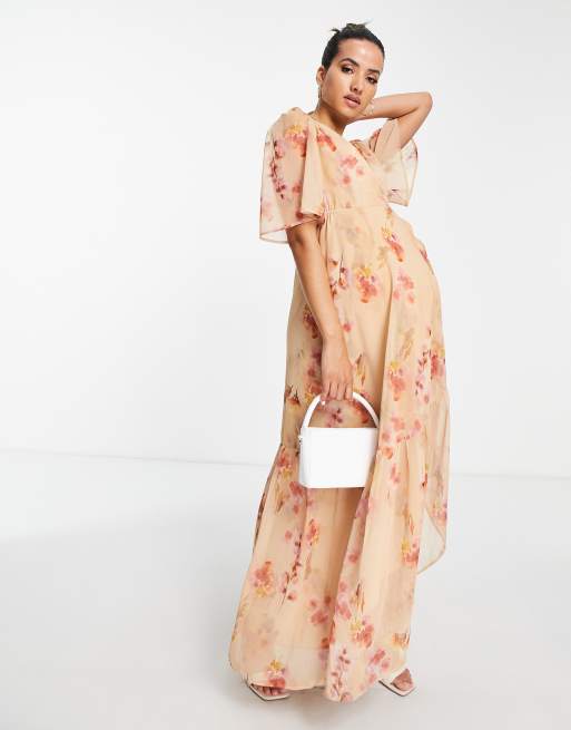 Hope & Ivy Maternity wrap tie maxi dress in fuchsia taupe floral