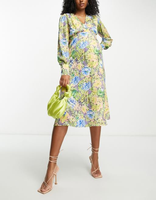 Hope Ivy Maternity wrap tie midi dress in yellow and green floral