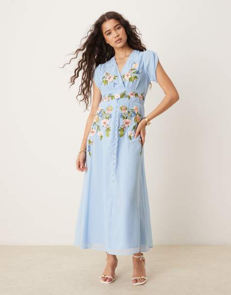 Hope & Ivy Maude Embroidered Midi Dress in Pale Blue