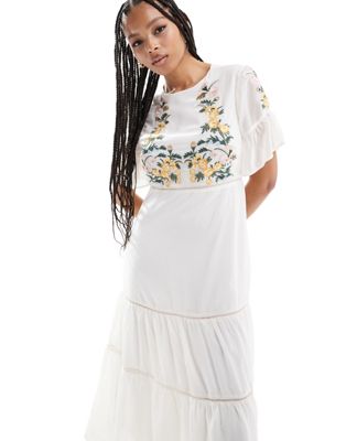 maxi dress with embroidery in cream-White